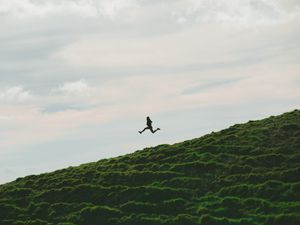 Preview wallpaper man, jump, minimalism, sky, grass