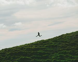 Preview wallpaper man, jump, minimalism, sky, grass