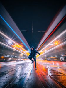 Preview wallpaper man, jump, night city, long exposure