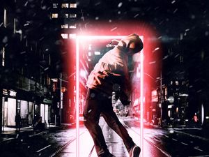 Preview wallpaper man, jump, portal, glow, illusion