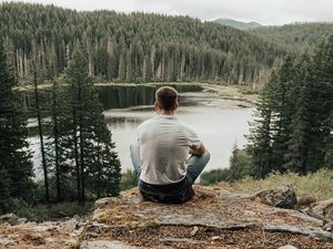 Preview wallpaper man, lake, forest, nature, solitude