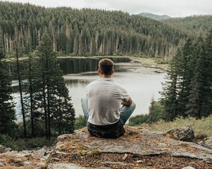 Preview wallpaper man, lake, forest, nature, solitude