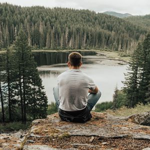 Preview wallpaper man, lake, forest, nature, solitude