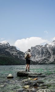 Preview wallpaper man, lake, mountains, nature, alone