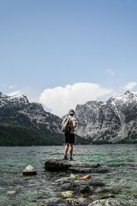 Preview wallpaper man, lake, mountains, nature, alone