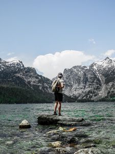 Preview wallpaper man, lake, mountains, nature, alone