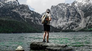 Preview wallpaper man, lake, mountains, nature, alone