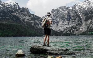 Preview wallpaper man, lake, mountains, nature, alone