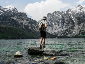 Preview wallpaper man, lake, mountains, nature, alone