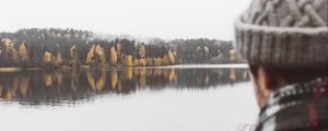 Preview wallpaper man, lake, sad, shore, pier, nature