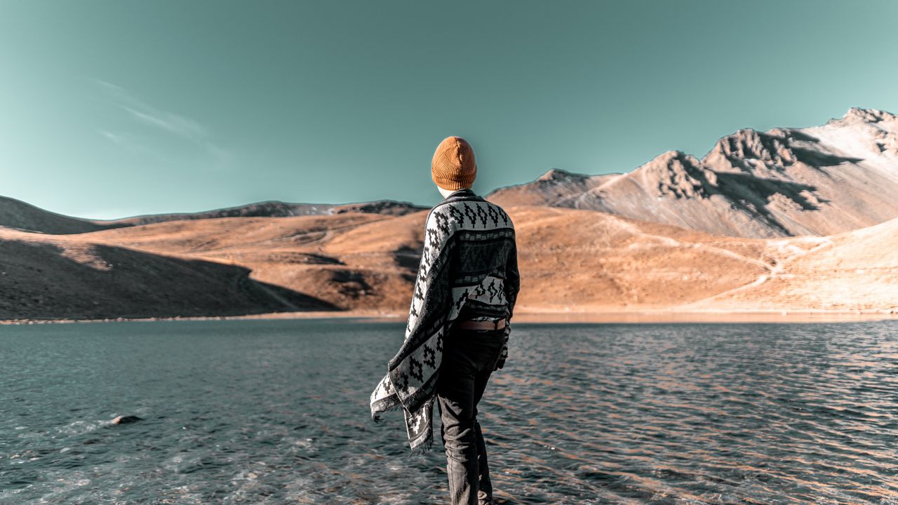 Wallpaper man, lake, shore, mountains, water