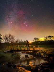 Preview wallpaper man, lantern, bridge, night, starry sky, dark
