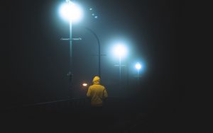Preview wallpaper man, lanterns, fog, night, dark