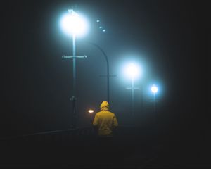 Preview wallpaper man, lanterns, fog, night, dark