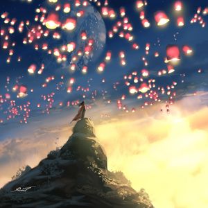 Preview wallpaper man, lanterns, rock, holiday, night, art