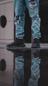 Preview wallpaper man, legs, puddle, reflection, style