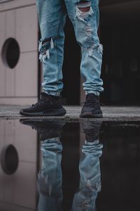 Preview wallpaper man, legs, puddle, reflection, style