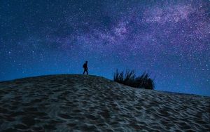 Preview wallpaper man, loneliness, alone, sand, starry sky