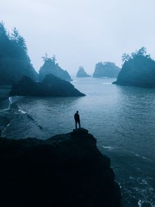Preview wallpaper man, loneliness, alone, rocks, sea, fog