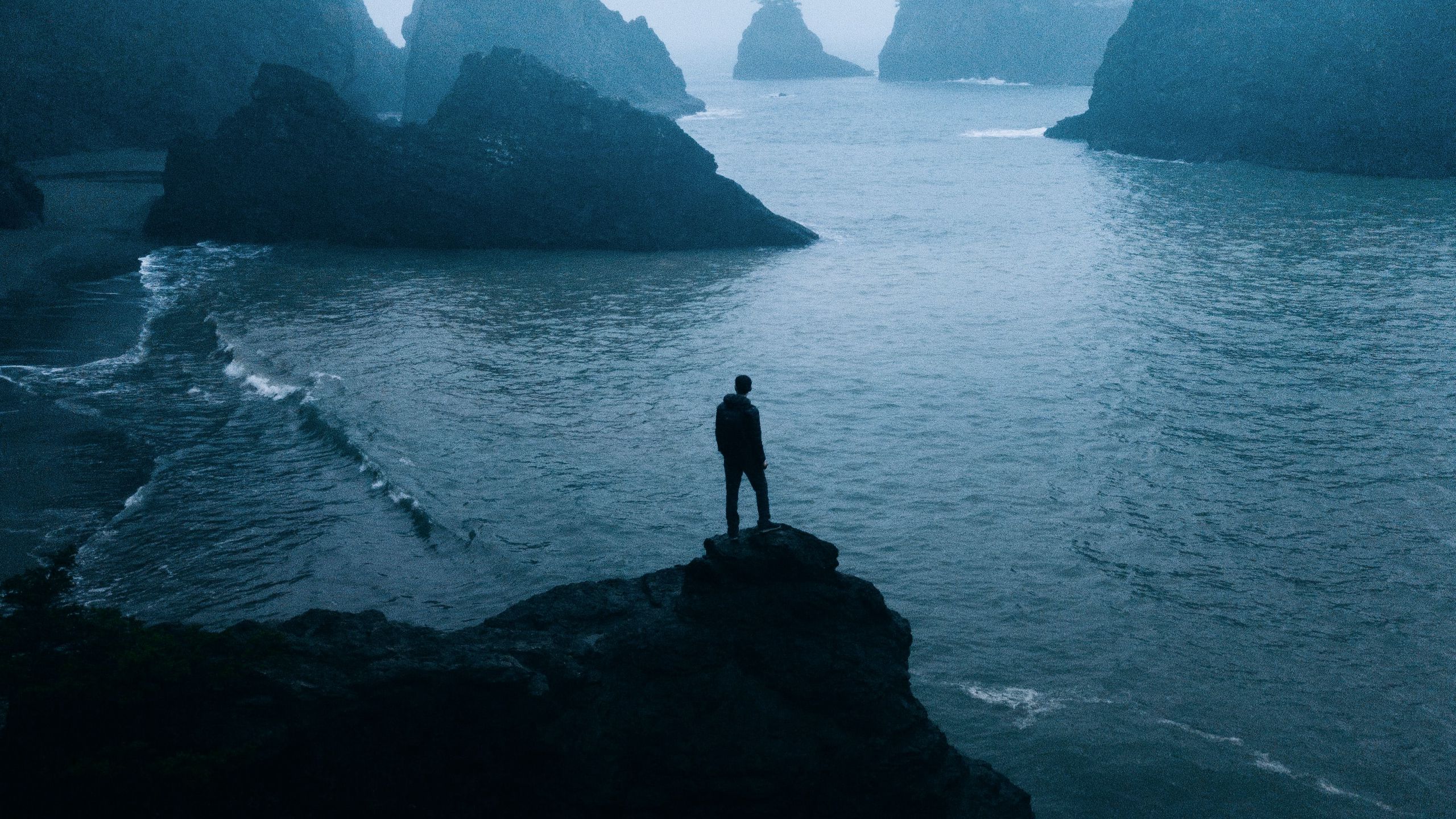 Download Wallpaper 2560x1440 Man Loneliness Alone Rocks Sea Fog