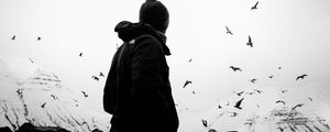 Preview wallpaper man, loneliness, alone, bw, birds