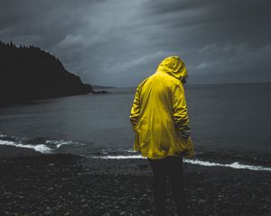 Preview wallpaper man, loneliness, alone, cloak, coast