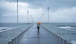 Preview wallpaper man, loneliness, alone, pier, umbrella