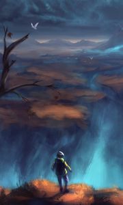 Preview wallpaper man, loneliness, alone, cliff, branches, art