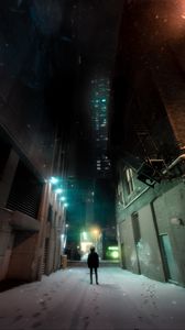 Preview wallpaper man, loneliness, buildings, night city, snow