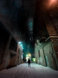 Preview wallpaper man, loneliness, buildings, night city, snow