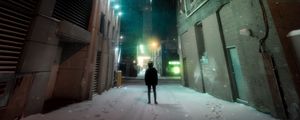 Preview wallpaper man, loneliness, buildings, night city, snow