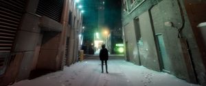 Preview wallpaper man, loneliness, buildings, night city, snow