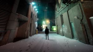 Preview wallpaper man, loneliness, buildings, night city, snow