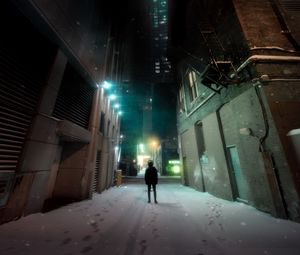 Preview wallpaper man, loneliness, buildings, night city, snow