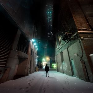 Preview wallpaper man, loneliness, buildings, night city, snow