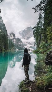 Preview wallpaper man, loneliness, nature, lake, mountains