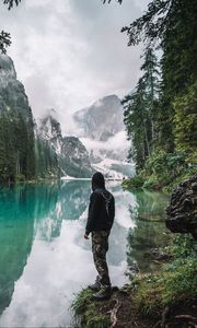 Preview wallpaper man, loneliness, nature, lake, mountains