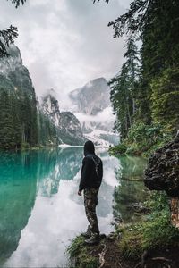 Preview wallpaper man, loneliness, nature, lake, mountains