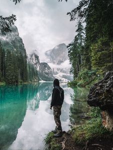 Preview wallpaper man, loneliness, nature, lake, mountains