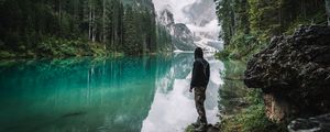 Preview wallpaper man, loneliness, nature, lake, mountains