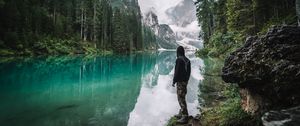 Preview wallpaper man, loneliness, nature, lake, mountains