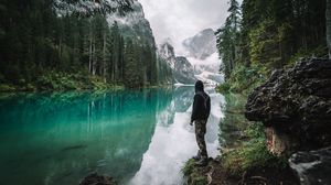 Preview wallpaper man, loneliness, nature, lake, mountains