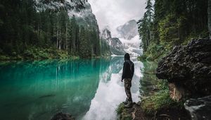 Preview wallpaper man, loneliness, nature, lake, mountains