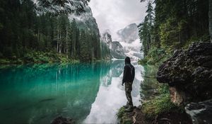 Preview wallpaper man, loneliness, nature, lake, mountains