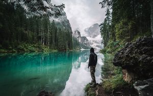 Preview wallpaper man, loneliness, nature, lake, mountains