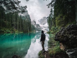 Preview wallpaper man, loneliness, nature, lake, mountains