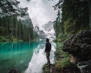 Preview wallpaper man, loneliness, nature, lake, mountains