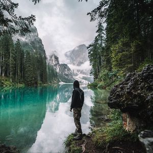 Preview wallpaper man, loneliness, nature, lake, mountains