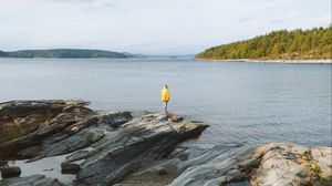 Preview wallpaper man, loneliness, rocks, forest