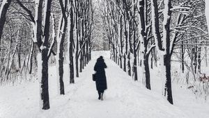 Preview wallpaper man, loneliness, winter, path, trees, sad